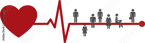 Red heart and ECG line with diverse people icons, vector illustration for health, community, and social issues, isolated on white