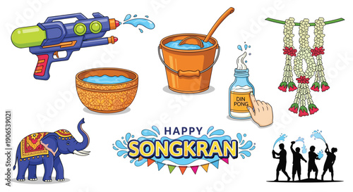 A set of cartoon-style Songkran festival elements including a water gun, buckets, a traditional Thai bowl, an elephant, a garland, and people silhouettes splashing water.