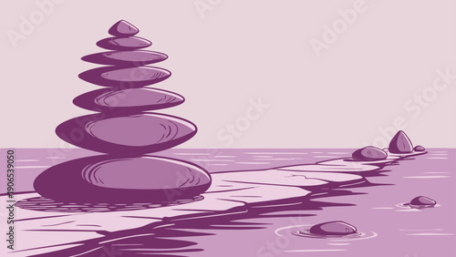 Experience serenity with this stunning stone balance in calm water, featuring soothing purple hues that evoke feelings of tranquility and mindfulness