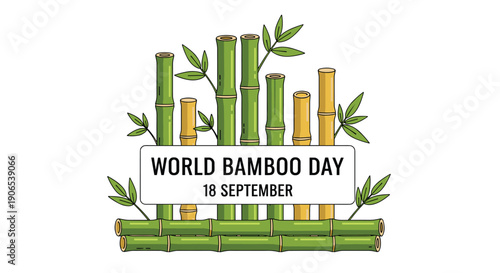 An illustration showcases various bamboo stalks and leaves in green and yellow hues, with a central white banner proclaiming World Bamboo Day 18 September in a clean design.