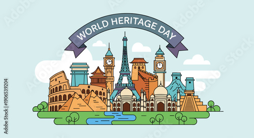 A flat-line illustration depicting iconic world heritage landmarks from various continents, including the Eiffel Tower, Colosseum, and Pyramids, set against a light blue sky.