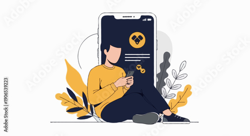 Flat vector illustration  a man sitting casually while using a smartphone for mobile payment