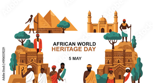 A dynamic illustration celebrates African World Heritage Day on 5 May, featuring stylized traditional African buildings, ancient pyramids, and diverse groups of people.