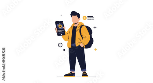 Flat vector illustration of a person holding smartphone showing abstract crypto wallet UI