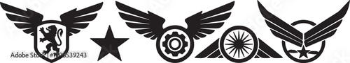 Black winged emblems with shield star gear and wheel on white background also transparent background
