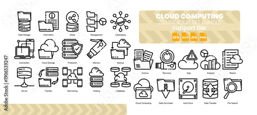 Set of 25 line icon related to cloud computing.