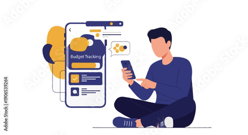 Flat vector illustration of a person tracking budget on smartphone