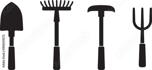 Four black gardening tools on white background also transparent background shovel rake hammer pitchfork