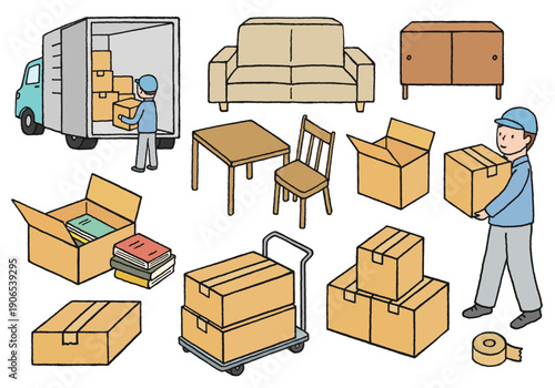 引っ越しにまつわる手描きイラストセット