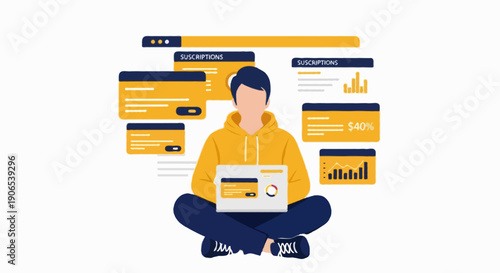Flat vector illustration of a person managing SaaS subscriptions