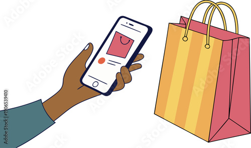 Hand holding smartphone with shopping app and shopping bags nearby, representing online shopping and e-commerce
