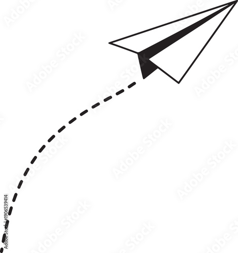 Black paper airplane with dotted trail on white background also transparent background dotted line flight path