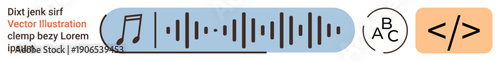 Audio technology, multimedia creation, coding, language learning, digital tools, education. A musical note, waveform language icon and coding script. Audio technology and multimedia creation