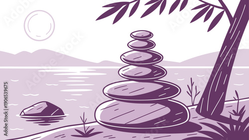 Experience serenity with this stunning landscape featuring stacked stones by calm water under a peaceful sun, evoking feelings of tranquility and balance