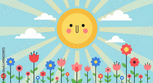 Smiling sun with rosy cheeks shines down on colorful flowers and fluffy clouds in a bright blue sky with warm rays
