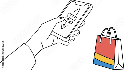 Line art illustration of hand holding smartphone with shopping app and colorful shopping bag