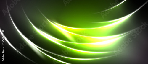 Abstract design features vibrant green, yellow curves against dark background. Smooth lines create dynamic, flowing visual effect.