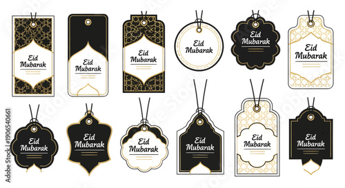 Assorted luxury gift tags with elegant designs and Eid Mubarak text.