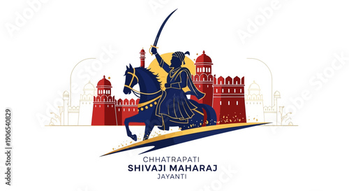 Illustration of Chhatrapati Shivaji Maharaj on horseback with a sword, celebrating Shiv Jayanti in a historic Indian setting with a red fort and cityscape in the background.