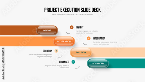 Financial Review Four Element Infographic Presentation Design. Investor Visualization Frame Layout Vector Illustration. Sales Portfolio 4 Step Diagram Slideshow Template.
