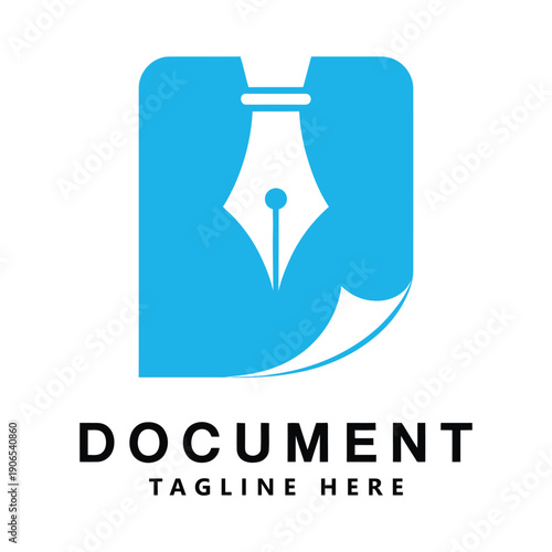 Blue document icon with fountain pen nib on white background for business template icon