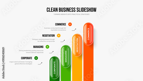 Business Report Four Element Diagram Slideshow Layout. Corporate Review 4 Option Infographic Slide Template. Enterprise Planning Presentation Design Vector Illustration.