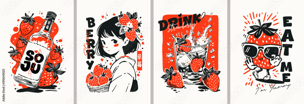Fototapeta premium Designer posters in vintage style. Retro pop art featuring an Asian girl with strawberries, soju, strawberries, milk, cocktail. The hieroglyphs stand for