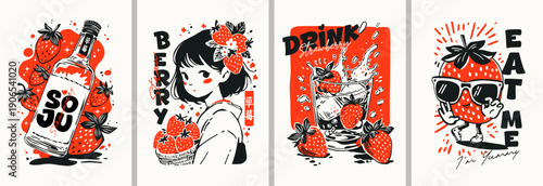 Designer posters in vintage style. Retro pop art featuring an Asian girl with strawberries, soju, strawberries, milk, cocktail. The hieroglyphs stand for "strawberry".