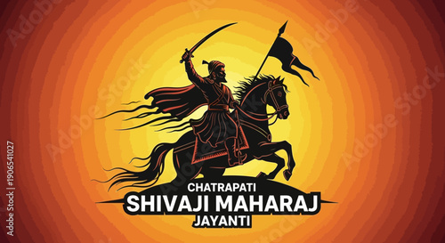 Illustration of Chhatrapati Shivaji Maharaj on horseback with sword, celebrating Shiv Jayanti and Hindavī Svarājya in a vibrant, nationalistic Indian design with warm, golden tones.