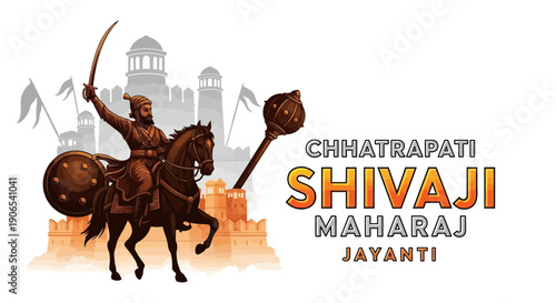 Illustration of Chhatrapati Shivaji Maharaj on horseback with a sword, celebrating Shiv Jayanti and Hindavī Svarājya in a historic, nationalistic Indian icon with warm, earthy tones.