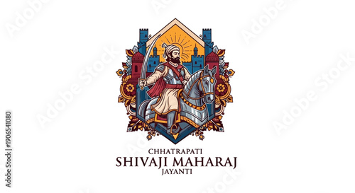 Illustration of Chhatrapati Shivaji Maharaj on a horse, surrounded by ornate designs, celebrating Shiv Jayanti and Hindavī Svarājya with a nationalistic theme.