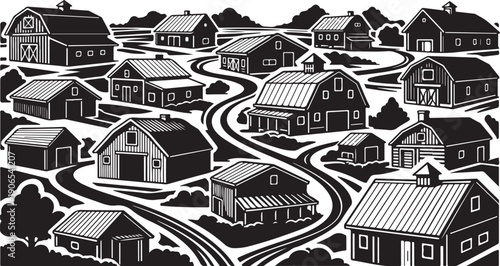 Black and white illustration of a small town neighborhood