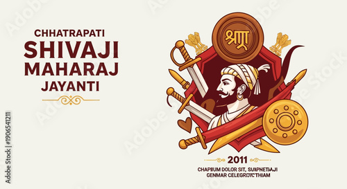 Illustration of Chhatrapati Shivaji Maharaj Jayanti celebration with iconic warrior portrait and traditional Indian design elements on a beige background.