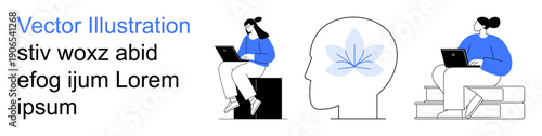 Education, mental clarity, productivity, online learning, digital wellbeing, studying. People working on laptops, head outline with mental clarity icon. Education and mental clarity concepts
