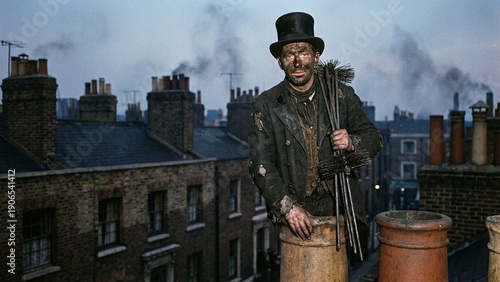 Victorian era chimney sweep on London rooftops, soot covered working man with top hat and brushes, gritty industrial mood, heritage history for Labor Day