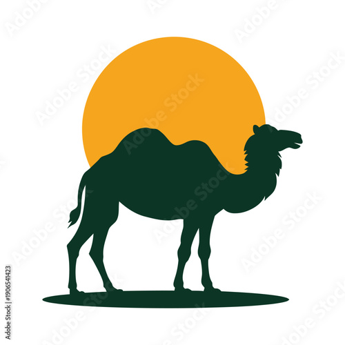 Camel standing in front of a large orange sun  desert animal silhouette icon