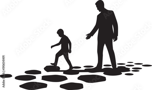 Silhouette of a man and child stepping on stones