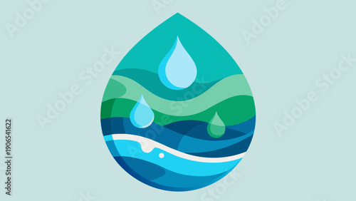 Abstract illustration of a water droplet featuring layered shades of blue and green, with smaller droplets and wavy lines representing fluidity and nature