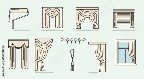 A collection of different window treatments, including roller blinds, drapes, valances, sheer curtains, tie-backs, and curtain rods, presented as clean line art icons on a pale green background.