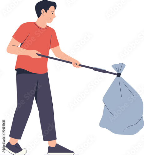Person collecting litter with trash bag and grabbing tool, environmental responsibility theme, colorful vector illustration of waste management and sustainability