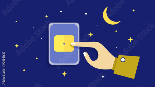 Year of the Earth, hand flipping a light switch to "off", the moon and stars appearing inside the switch silhouette, night blue and lemon yellow colors