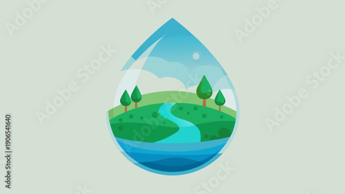 Water droplet illustration featuring a serene landscape with rolling hills, a winding river, and green trees under a bright blue sky with fluffy clouds