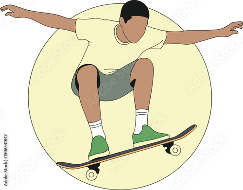 Skateboard ollie illustration, extreme sport artwork, street skating design, athlete vector composition, urban lifestyle symbol, dynamic motion concept