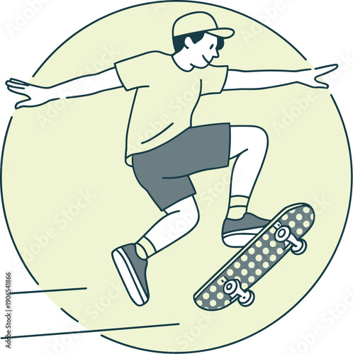 Skateboarding trick illustration, extreme sport artwork, urban lifestyle design, athlete vector composition, street skating symbol, dynamic motion concept