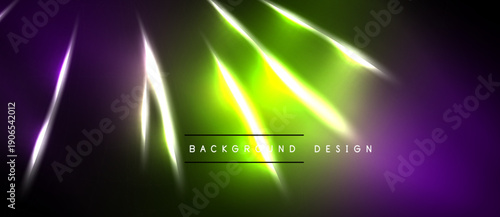Abstract neon lights shine diagonally. Vibrant purple, green hues dominate dark background. Modern design element for presentations.