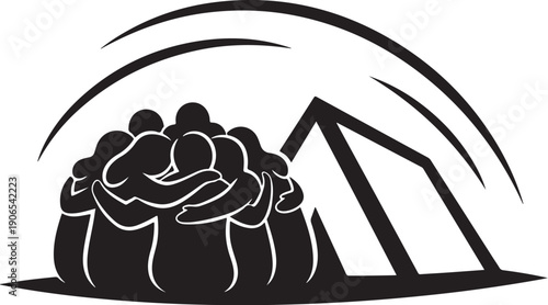 Group of people hugging in front of a tent