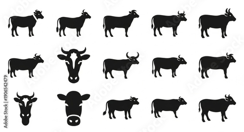 Collection of Silhouette Cows and Bull Heads Vector Icons.