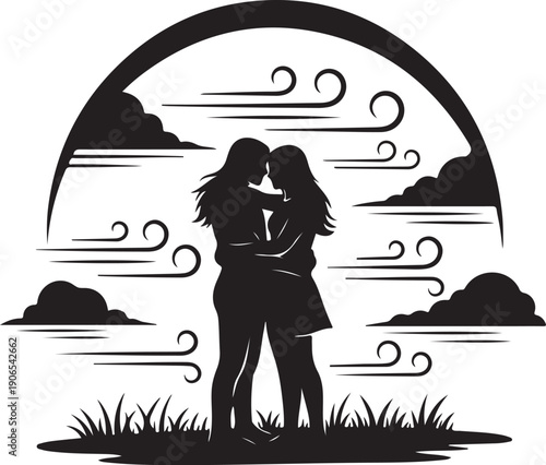 Silhouette of two women embracing in front of sunset