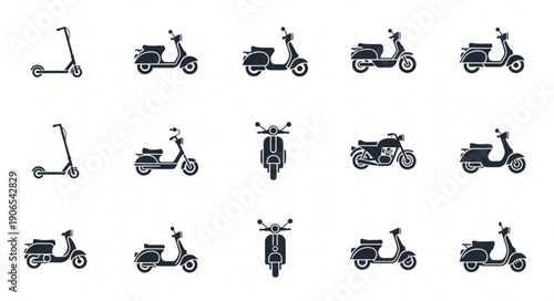 Collection of scooter and motorcycle icons in black and white.