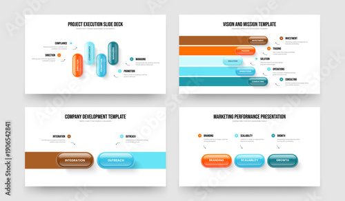 Advertising Development 4 5 2 3 Element Diagram Slide Design Bundle. Enterprise Review Four Five Two Three Step Infographic Frame Template Vector Illustration Set.
